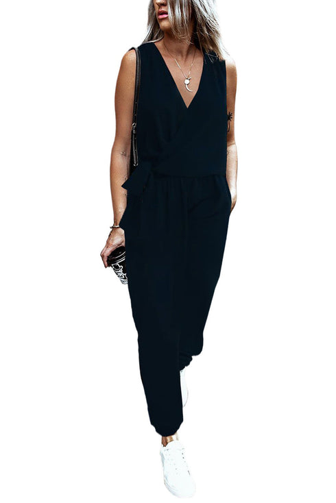 Deep V-Neck Sleeveless Solid Jumpsuit